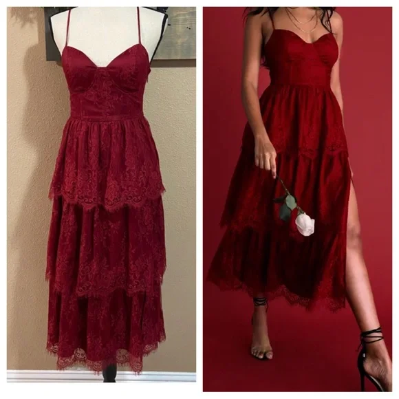 Lulus | Dresses | Nwot Lulus Stroke Of Luck Red Tiered Lace Bustier Midi  Dress | Poshmark